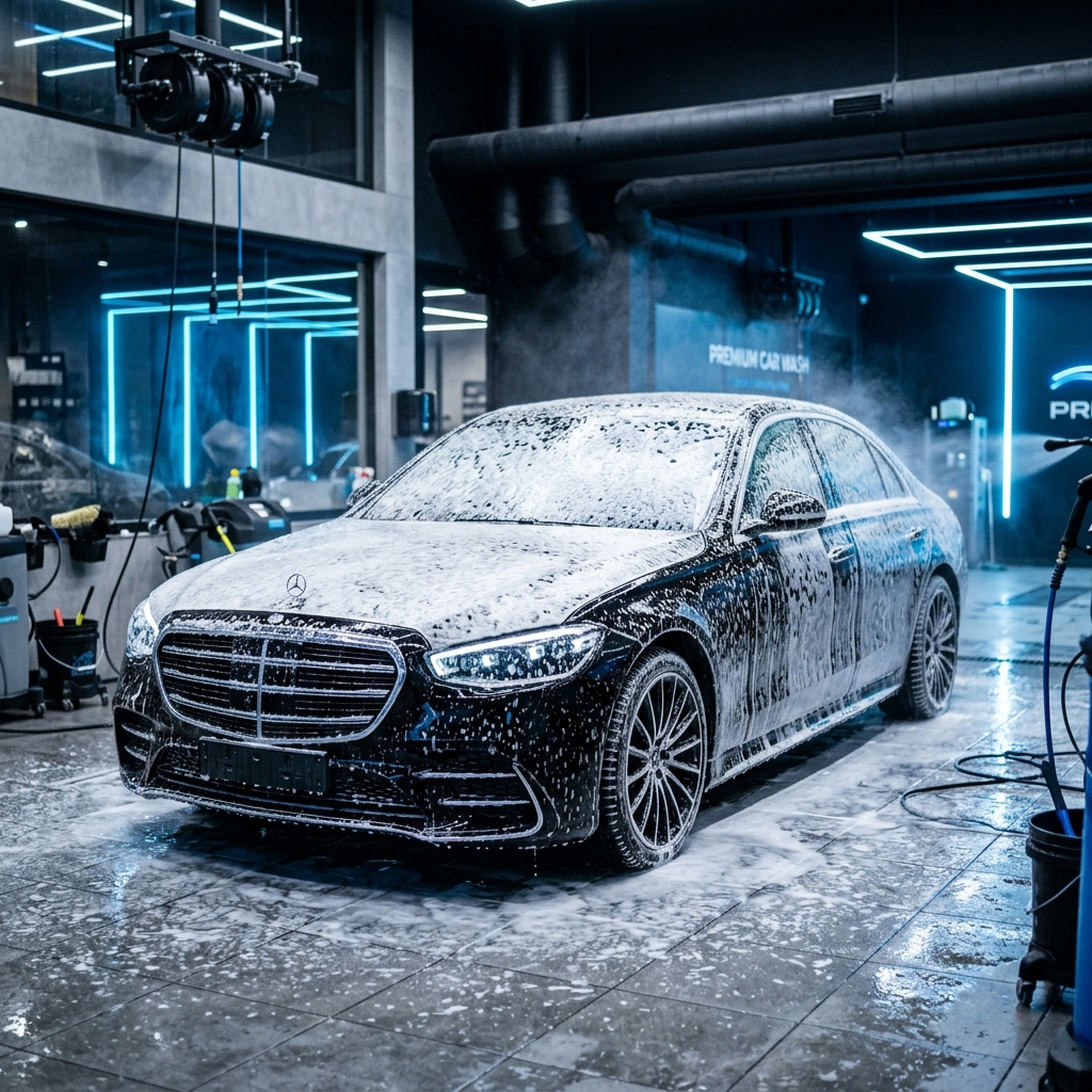 Supercar covered in thick ph-neutral snow foam wash bubbles in bay