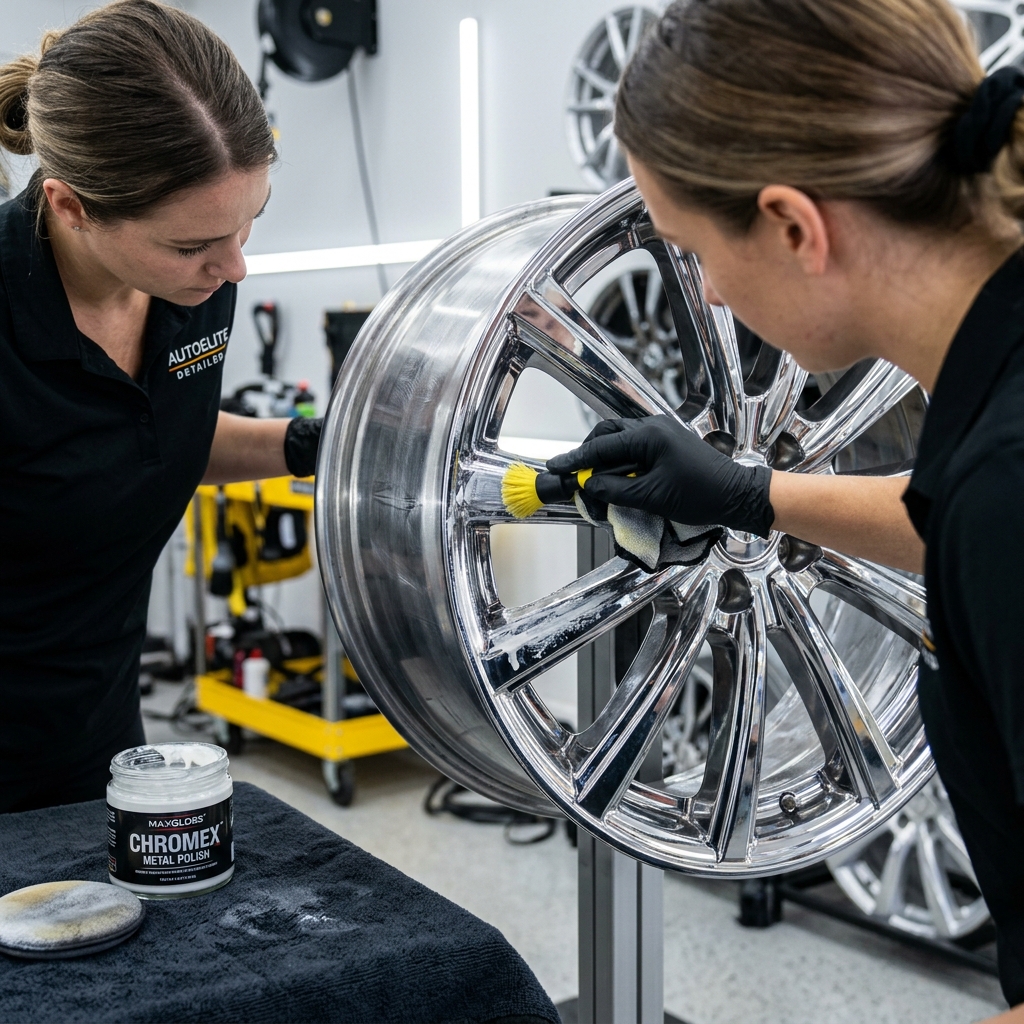 Detailer polishing metal exhaust tips and multi-spoke chrome wheels
