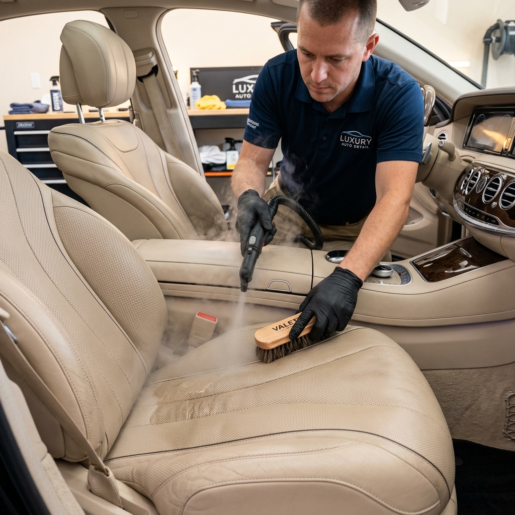 Steam cleaning and conditioning of beige leather car interior