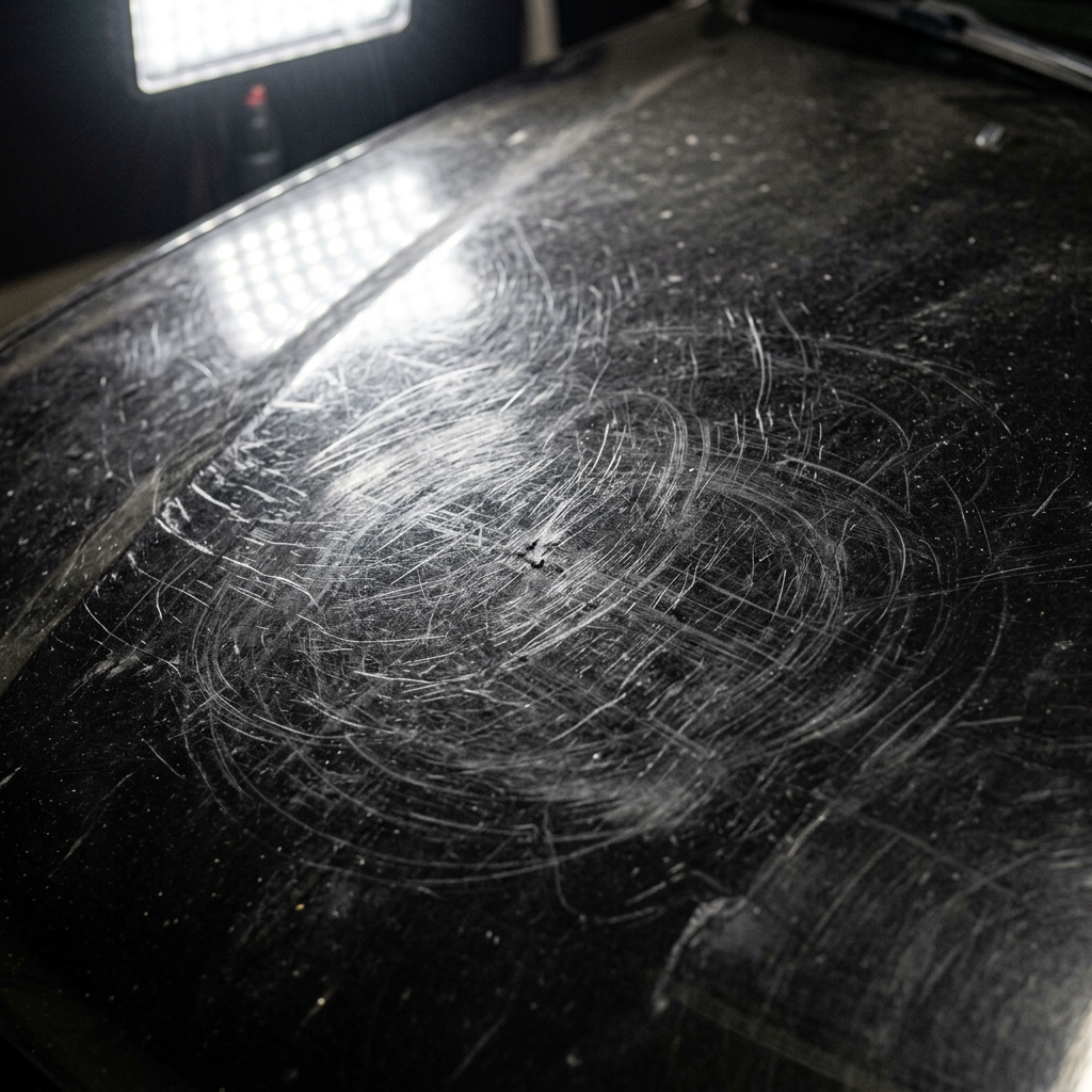Car paint with swirl marks and scratches before detailing