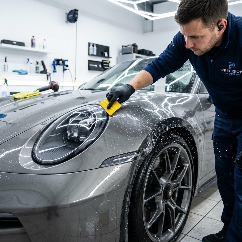 Clear TPU paint protection film installation on luxury vehicle fender